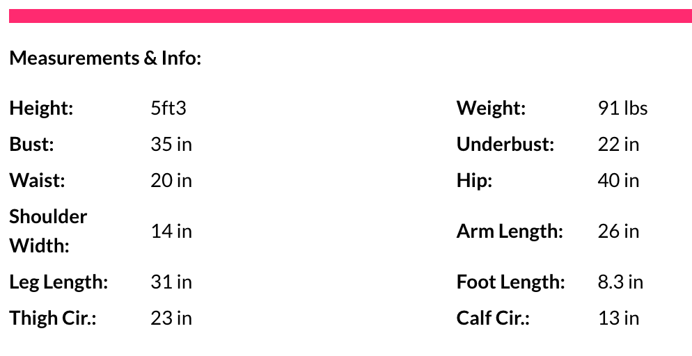 Example of Doll Measurements at RealLoveSexDolls